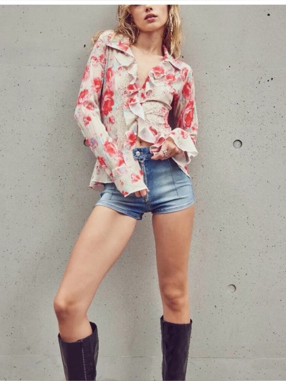 Free People X-Small Bad At Love Blouse Floral Top Sheer Ruffle Long Sleeve Boho